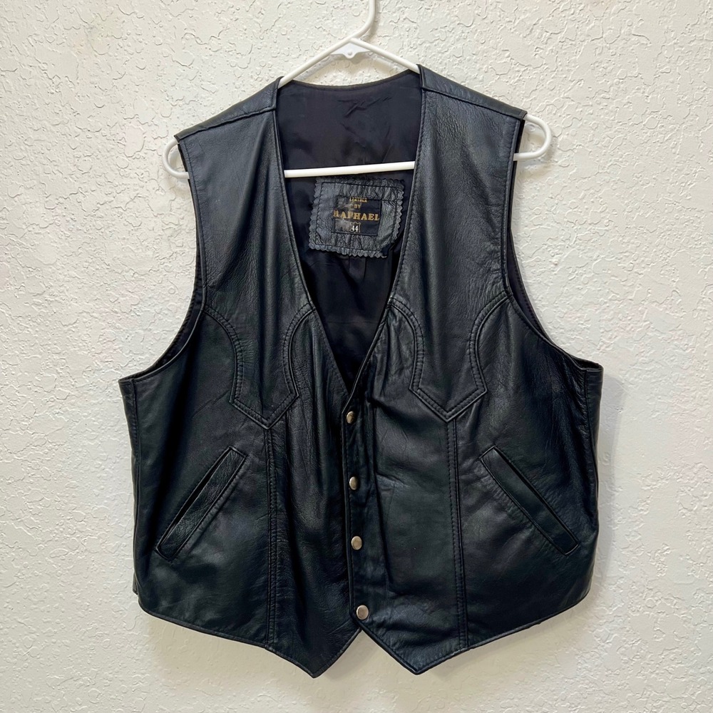 Raphael Leather Mens Black Western Biker Vest Size 44 Snap Front Moto